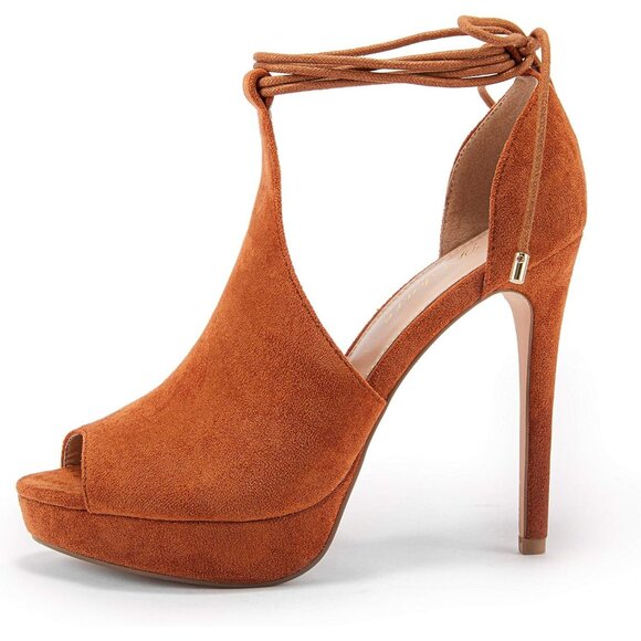 Womens Khaki Peep Toe Platform Stiletto Heels Lace-Up Strappy Dress Sandals - Picture 5 of 6